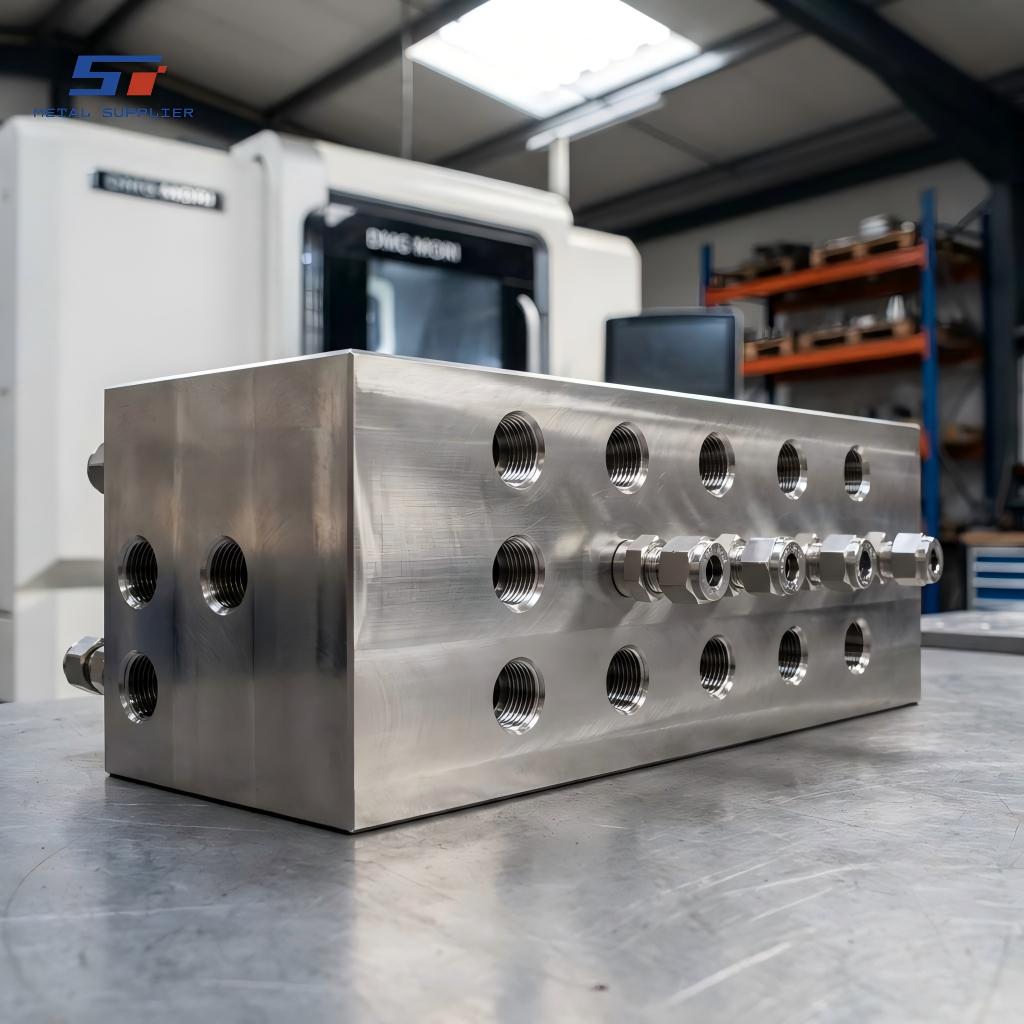 Bloc collecteur en acier inoxydable fabriqué par CNC pour la distribution de produits chimiques multi-lignes